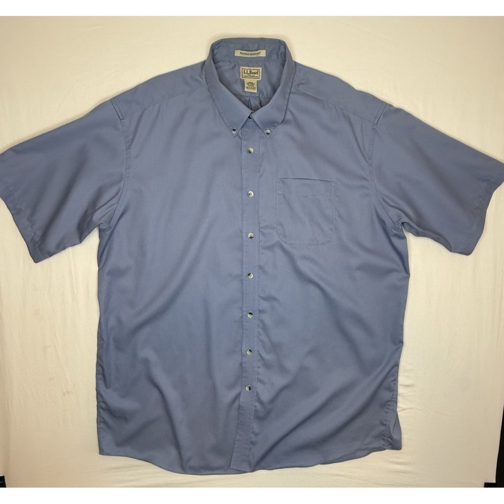 L.L.Bean Wrinkle Resistant Blue Cotton Button-Down Shirt, Short Sleeve, XXL Tall